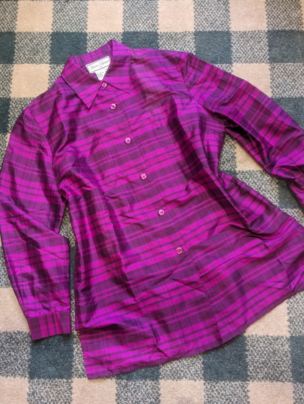 Diane Gilman 100% Silk Bold Electric Barney Purple Flannel Blouse Tunic Size M